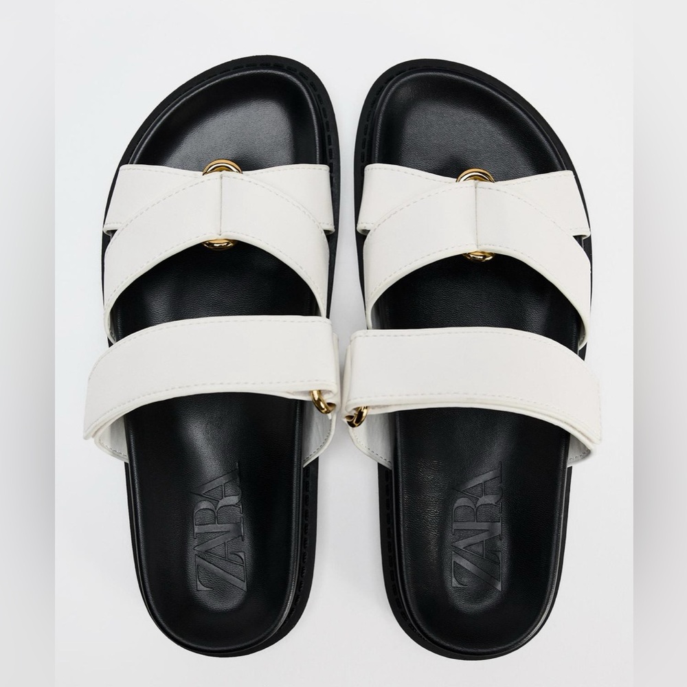 Zara Contrasing Flat Sandals - Black / White - Size 10
